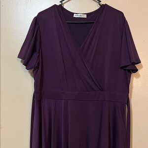Nemidor Plum Faux-Wrap Midi Dress with Flutter Sleeves